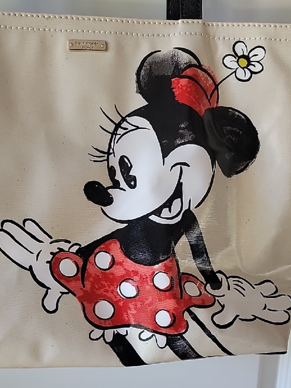 kate spade New York Cream Minnie Mouse Tote with Black Leather Handles~Like New - Picture 5 of 16